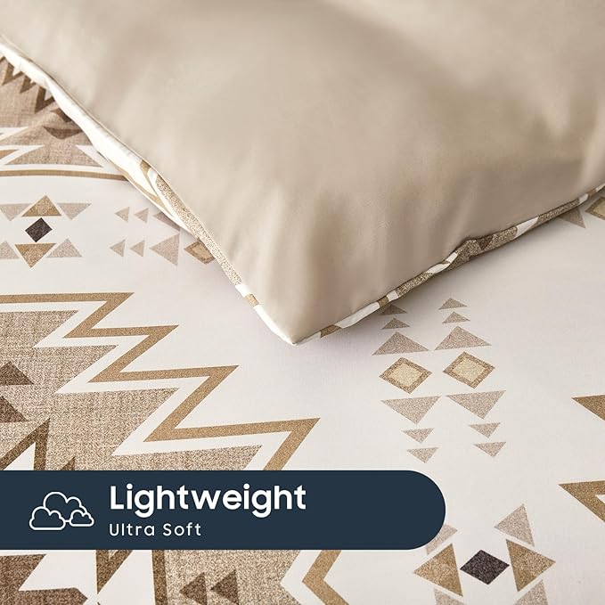 Wake In Cloud - Western Comforter Set, Boho Southwestern Rustic Farmhouse Style with Aztec Geometric Block Pattern, Soft Lightweight Bedding, 3 Pieces, Taupe Beige, Queen Size