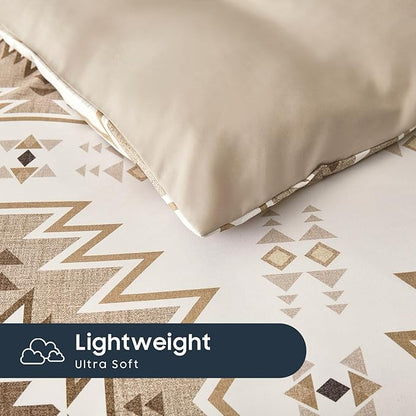Wake In Cloud - Western Comforter Set, Boho Southwestern Rustic Farmhouse Style with Aztec Geometric Block Pattern, Soft Lightweight Bedding, 3 Pieces, Taupe Beige, Queen Size
