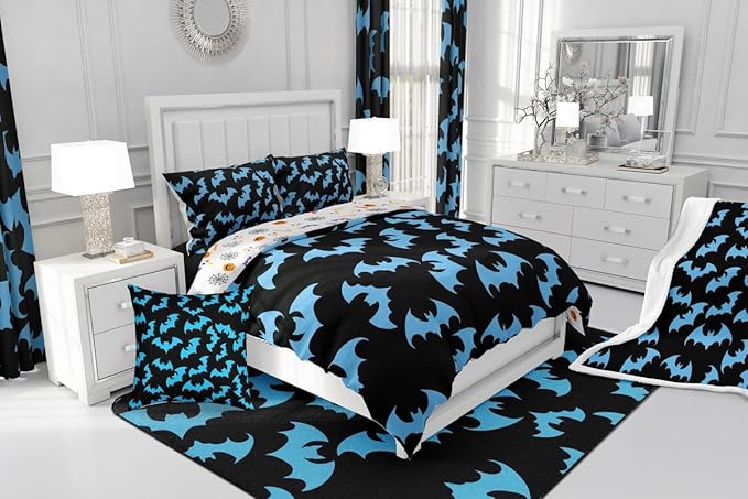 Erosebridal Blue Bat Twin Bedding Sets Halloween Bat Comforter Set Spooky Goth Gothic Animal Quilt Duvet Set Horror Halloween Bedding Collections for Kids Teens Adults