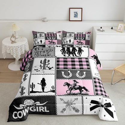 Western Cowgirl Kids Comforter Set Full Size,Cactus Horseshoe Cowgirl Boot Rustic Bedding Set,Girls Women Room Decor,Bow Cow Skull Patchwork Down Comforter,Pink Fashion Duvet Insert,2 Pillowcases