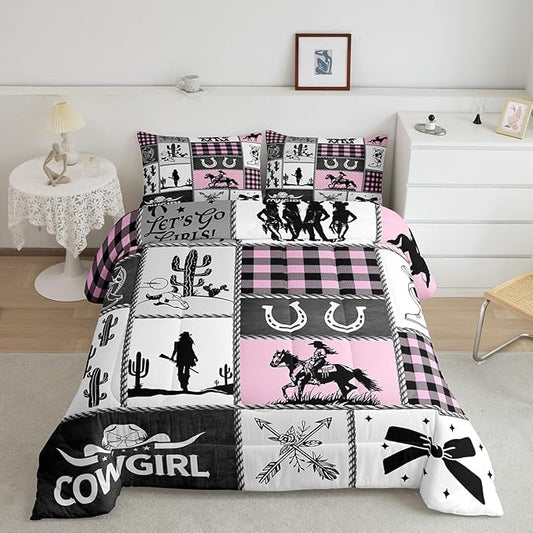 Western Cowgirl Kids Comforter Set Queen Size,Cactus Horseshoe Cowgirl Boot Rustic Bedding Set,Girls Women Room Decor,Bow Cow Skull Patchwork Down Comforter,Pink Fashion Duvet Insert,2 Pillowcases