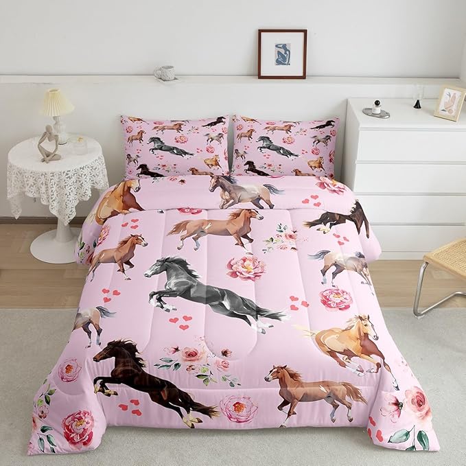 Erosebridal Horse Comforter Set King for Cowboy Cowgirl,Pink Rose Petal Bedding Set for Youth Adult,Rustic Horse Quilt for Bedroom Decor,Western Farmhouse Wildlife Down Comforter with 2 Pillowcases