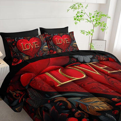 7 Piece Red Heart Comforter Set Queen Size，Black and Gold Flowers Bedding Queen Set ，(1 Comforter, 1 Flat Sheet, 1 Fitted Sheet, 2 Pillowcase and 2 Pillow Sham)，Valentine's Day Decor Bedroom