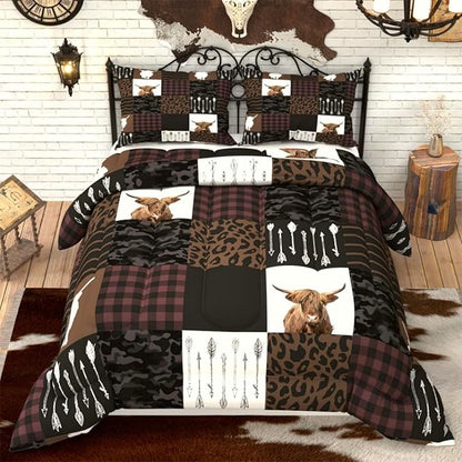 Highland Cow Comforter Sets for Kids Adults,3D Pattern with Dark Brown Colors,Decorative Bedding Comforter Sets with 2 Pillow Shams, Full Size