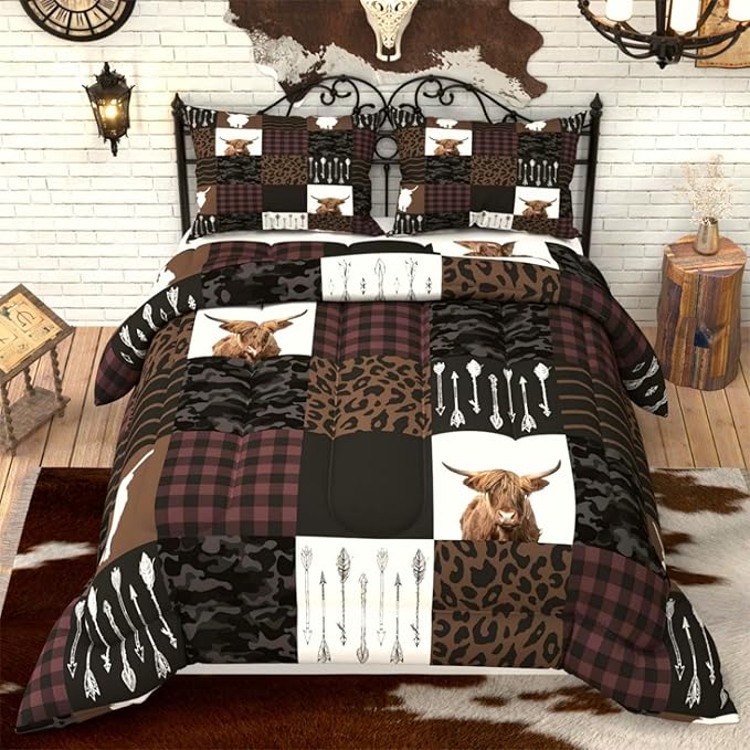 Highland Cow Comforter Sets for Kids Adults,3D Pattern with Dark Brown Colors,Decorative Bedding Comforter Sets with 2 Pillow Shams, Queen Size