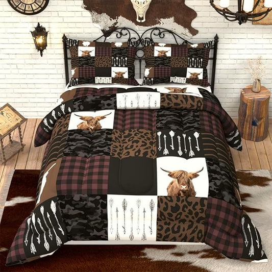 Highland Cow Comforter Sets for Kids Adults,3D Pattern with Dark Brown Colors,Decorative Bedding Comforter Sets with 2 Pillow Shams, King Size
