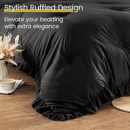 QUIETSEA Queen Bed in a Bag 7 Pieces Comforter Set Queen, Ruffle Bedding Comforter Set Black Bed Set with Comforter, Pillowcases, Flat Sheet, Fitted Sheet and Pillow Shams