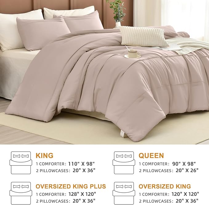 Masaca Oversized King Size Comforter 128x120,3 Pieces Vintage Farmhouse Pinch Pleat Bedding Comforter Set Lightweight Ultra Soft Rustic Boho Bedding (1 Taupe Comforter +2 Pillowcases)