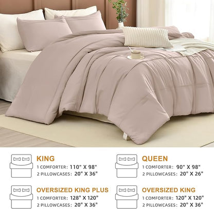 Masaca Oversized King Size Comforter 128x120,3 Pieces Vintage Farmhouse Pinch Pleat Bedding Comforter Set Lightweight Ultra Soft Rustic Boho Bedding (1 Taupe Comforter +2 Pillowcases)