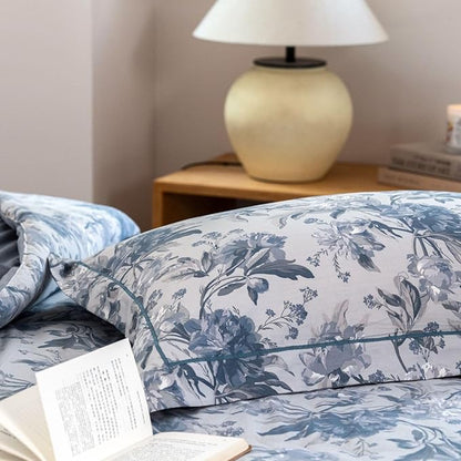 Cotton Comforter King Size Set – Light Grey Blue Botanical Floral Bedding, Soft & Breathable Cotton Shell Comforter, All-Season Down-Alternative Filling, 1 Comforter & 2 Pillow Shams