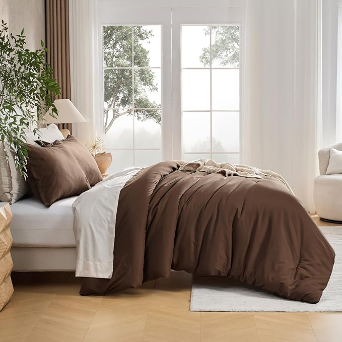 Andency Dark Brown Oversized Queen Size Comforter Set, 3 Pieces Boho Solid Modern Bedding Comforters & Sets, Soft Lightweight All Season Bed Set for Men Women (98x98Inch Comforter & 2 Pillowcases)