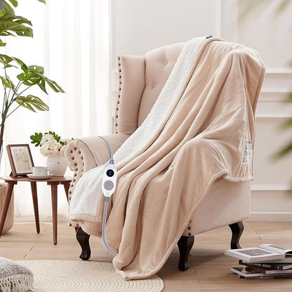 Westinghouse Heated Throw Blanket, Soft Flannel to Sherpa Electric Throw with 6 Heating Levels, 2-10 Hours Time Settings, Fast Heating, Machine Washable 50x60 Inch, Ivory
