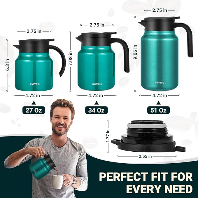 27Oz Thermal Coffee Carafes For Keeping Hot/Cold, Stainless Steel Coffee Carafe, Dustproof Insulated Water Carafe for Party/Home,Agave Teal