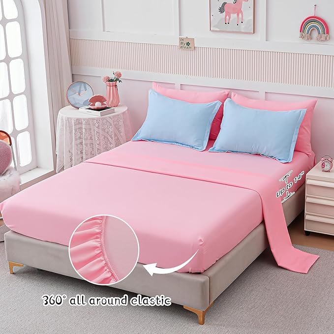 Drucon Comforter Set Queen Size for Teen Girl & Women,7 Pieces Bed in A Bag Gradient Pink Green Bedding Set (1 Comforter, 1 Flat Sheet, 1 Fitted Sheet, 2 Pillow Shams, 2 Pillowcases)
