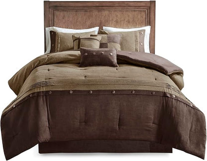 Madison Park Boone Cozy Comforter Set, Faux Suede, Deluxe Hotel Styling All Season Down Alternative Bedding Matching Shams, Decorative Pillow, Queen (90 in x 90 in), Rustic Brown 7 Piece
