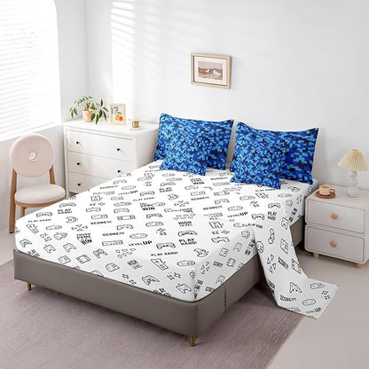 Navy Blue Camouflage 7Pcs Comforter Set Twin Size,Geometric Checked Bedding Sets for Kids Boys Teens Men Room Decor,Pixelated Miner Style Fitted Flat Sheet Video Games 2 Throw Pillow,2 Pillowcases