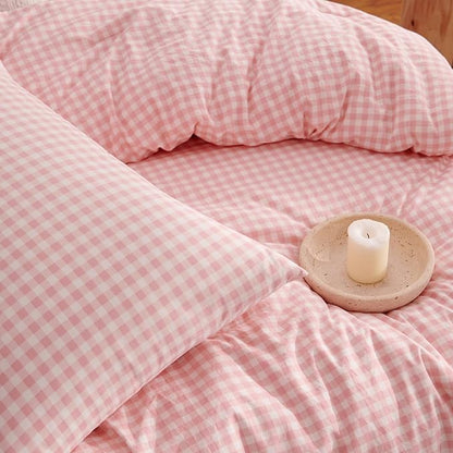 Nayoroom Gingham Comforter Set Full Size Pink Plaid Checkered Dorm Bedding Set Girls 3 Pieces Soft Lightweight Farmhouse Grid Comforter for All Seasons (1 Comforter, 2 Pillowcases)