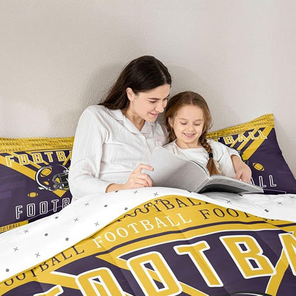 Feelyou Football Bedding Set Boys Girls King Size Women Men Rugby Sports Comforter Football City Duvet Quilt Purple Yellow Room Decor