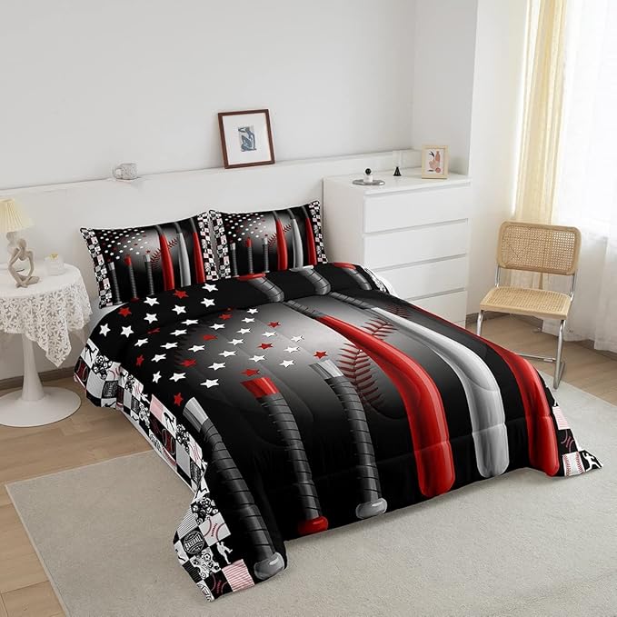 Erosebridal Baseball Comforter Set Twin,Softball American Flag Duvet Insert for Kids Boys Girls,Sports Game Duvet Insert Bedroom Decor,Geometric Stars Striped Down Comforter with 1 Pillow Sham