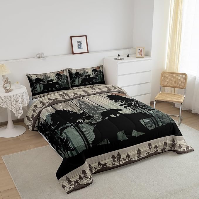 Feelyou Western Farmhouse Bedding Comforter Sets Full Size, Cabin Lodge Bedding Sets, Hunting Bear Deer Comforter Set, Country Retro Duvet Insert, Rustic Woodland Pine Tree Quilt, Black Brown