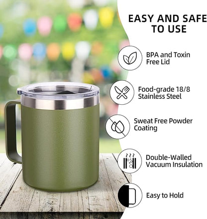 Volhoply 14oz Insulated Stainless Steel Coffee Mug with Lid Bulk 8 Pack,Double Wall Vacuum Travel Coffee Cup with Handle,Reusable Cups Tumbler,Camping Mugs Keep Hot, Ideal Gifts(Army Green,8)