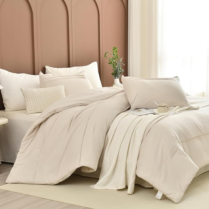 Sanracie Cotton Comforters Queen Size(90"x 95"),Pinch Pleated Wheat Colored Super Soft Lightweight Bedding Set 3Pcs Breathable Comforter Sets for All Season