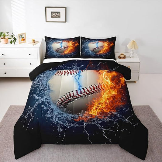 Baseball Comforter Set Twin Size for Teen Boy Room Decor, Fire and Ice Sports Baseball Down Comforter Kids Men Modern Sports Theme Quilted Duvet (1 Comforter Set + 1 Pillow Case), Red and Blue