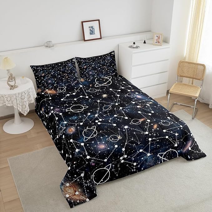 Erosebridal Starry Sky Comforter Set Queen Size Constellation Bedding Set Galaxy Sun Moon Down Comforter Purple Universe Print Bedroom Decor Quilt Set for Kid Men Women