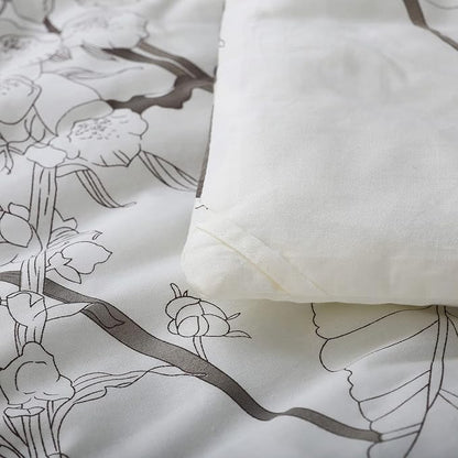 SLEEPBELLA Comforter King Size, 600 Thread Count Cotton Brown Branches and Blue Flowers Off-White Comforter Sets, Down Alternative Bedding Set 3Pcs(King, Off-White Botanical)