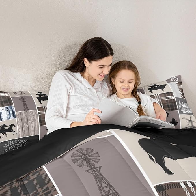 Erosebridal Kids Horse Bedding Set, Western Farmhouse Windmill Comforter Set Rustic Cabin Decor, Southwestern Cowboy Horseshoe Quilt King for Boys Teens Adult, Grid Plaid Patchwork Down Comforter