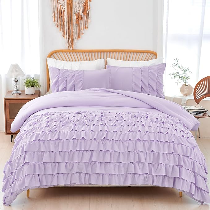 PERFEMET Lavender Purple Twin Bedding Sets for Girls 3 Pieces Multi Layers Ruffle Comforter Set Washed Microfiber Cute Princess Bedding Set Boho Bed Sets for Kids Teens Bedroom(Purple,Twin)