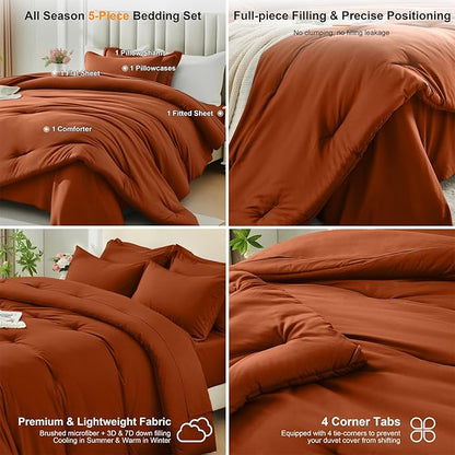 Twin Comforter Set 5 Piece - Soft Bed in a Bag Queen Size Comforter Sets, Cozy Luxury Bedding Sets with All Season Comforter, Flat Sheet, Fitted Sheet,Pillowcases & Shams, Orange