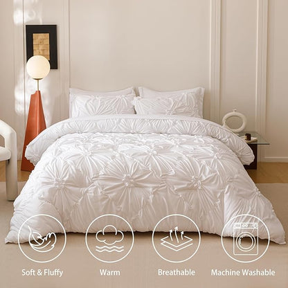 White Twin Comforter Set - 7 Pieces Bed in a Bag, Premium Comforters Twin Size Bed Set Pintuck Pinch Pleat Complete Comforter Set with Flat Sheet, Fitted Sheet and Pillowcases,White