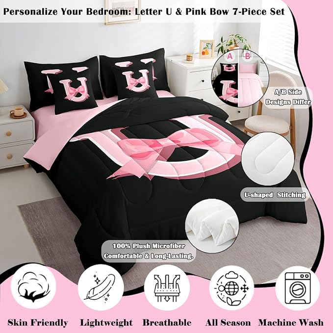 jejeloiu Kawaii Pink Bow Queen Comforter Set with Sheets,Gifts for Women Teen Girl,Monogrammed 7 Piece Bedding Set,Soft Personalized Initial Letter U Bed in a Bag with Comforter,Sheets,Pillowcases