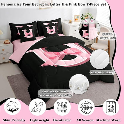 jejeloiu Kawaii Pink Bow Queen Comforter Set with Sheets,Gifts for Women Teen Girl,Monogrammed 7 Piece Bedding Set,Soft Personalized Initial Letter U Bed in a Bag with Comforter,Sheets,Pillowcases