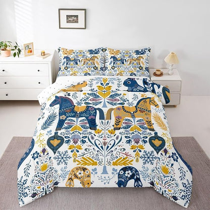 Floral Horse Bedding Sets King Size,Rustic Squirrel Bird Comforter Set 3Pcs for Kids Girls Boys Women Room Decor,Boho Flower Leaves Quilted Duvet Scandinavian Style Down Comforter,2 Pillowcases
