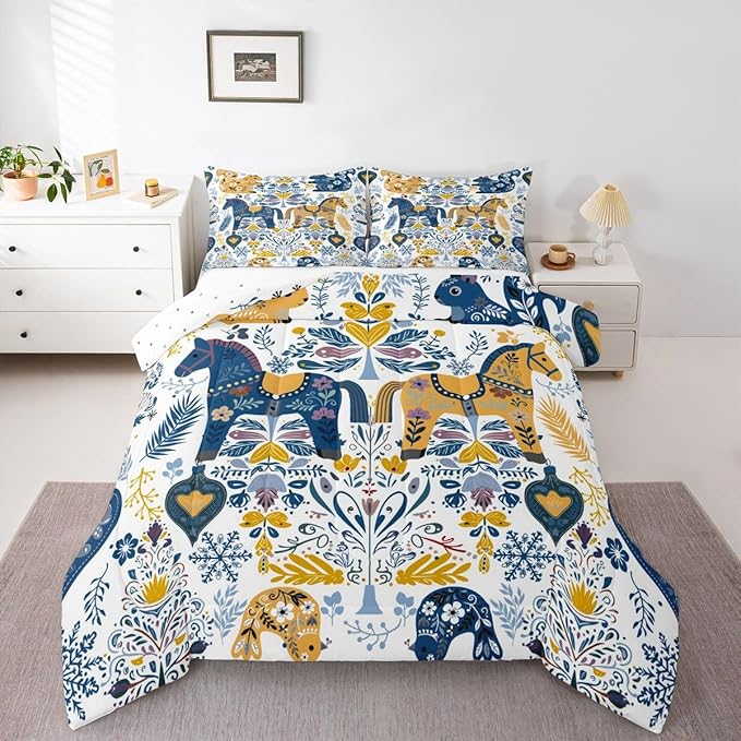 Floral Horse Comforter Set Queen Size,Rustic Squirrel Bird Bedding Sets 3Pcs for Kids Girls Boys Women Room Decor,Boho Flower Leaves Quilted Duvet Scandinavian Style Down Comforter,2 Pillowcases