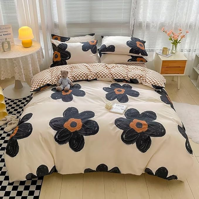 Houseri Black Floral Comforter Set Twin Beige 3D Floral Bedding Comforter Sets Twin Size for Toddler Girls Kawaii Flowers Comforter Cute Relief Print Bedding Beige White Flower Bedding Set Twin