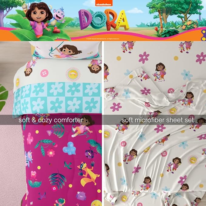 Dora The Explorer Kids Bedding Set Super Soft & Cozy Reversible Microfiber Comforter and Sheet Set with Sham, 5 Piece Twin Size, (Officially Licensed Product) by Franco