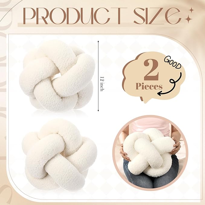 2 Pcs Knot Pillow Balls, 12 Inch Soft Home Decorative Round Stylish Throw Pillow Cute Handmade Knotted Aesthetic Ivory Circle Pillows for Living Room Couch Sofa Decor (White)