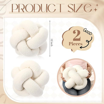 2 Pcs Knot Pillow Balls, 12 Inch Soft Home Decorative Round Stylish Throw Pillow Cute Handmade Knotted Aesthetic Ivory Circle Pillows for Living Room Couch Sofa Decor (White)