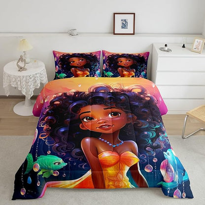 Afro-American Girl Twin Comforter Set for Little Girl,Afro Kid Princess Melanin Bedding Set,Ocean Fish Toddlers American Black Girls Quilt for Girls Bedroom