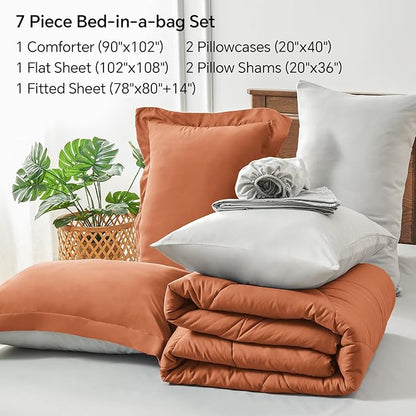 BEDELITE King Size Comforter Set 7 Pieces Bed in A Bag - Soft Microfiber Reversible Burnt Orange Bed Set with Comforters, Sheets, Pillowcases & Shams, Cozy Luxury Bedding Sets for All Season