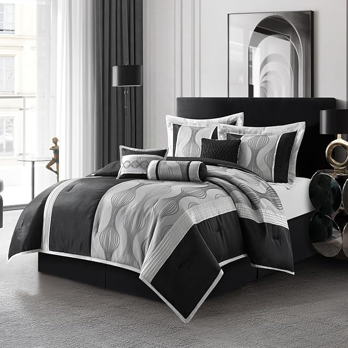 Stratford Park Black and Silver Comforter Set King Size, Elegant 7 Pieces Striped All Season Bedding Set