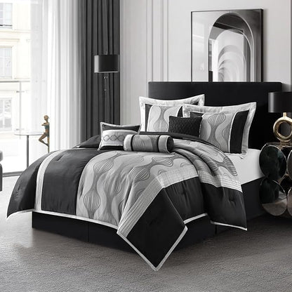 Stratford Park Black and Silver Comforter Set King Size, Elegant 7 Pieces Striped All Season Bedding Set