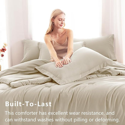 CozyLux Full Comforter Set Oatmeal, 7 Pieces Bed in a Bag Soft Bedding Comforter Set with Sheets, All Season Boho 7PC Bed Sets with Comforter, Fitted Sheets, Flat Sheets, Pillow Shams and Pillowcases