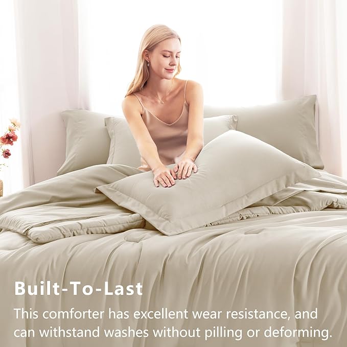 CozyLux King Comforter Set Oatmeal, 7 Pieces Bed in a Bag Soft Bedding Comforter Set with Sheets, All Season Boho 7PC Bed Sets with Comforter, Fitted Sheets, Flat Sheets, Pillow Shams and Pillowcases
