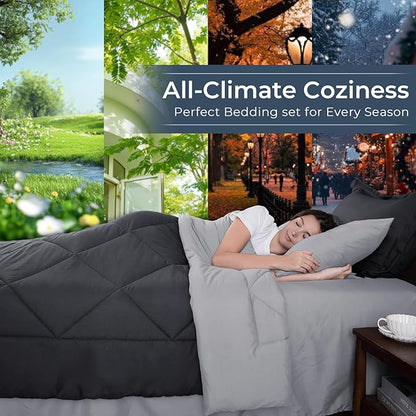 HEVUMYI Cali-King Comforter Set - 7-Piece All Season Bed in a Bag Cali-King, Ultra Soft Bedding Set with Comforter, Flat Sheet, Fitted Sheet, Pillowcases, Pillow Shams, Dark Grey & Light Grey