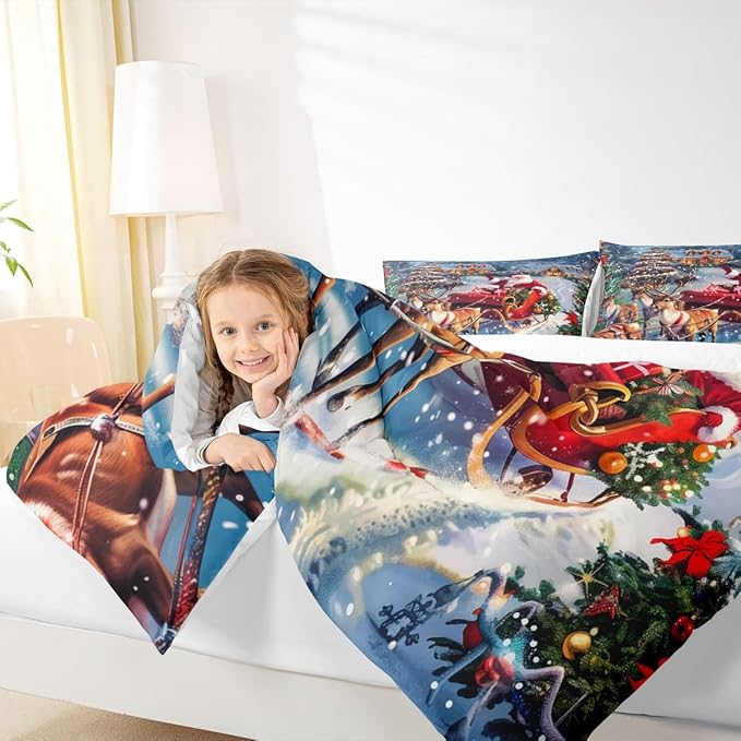 Santa Claus Comforter Set Full Size,Merry Christmas Bedding Set 3Pcs for Kids Girls Boys Teens Room Decor,Elk Deer Sled and Xmas Tree Quilt Set Rustic Farmhouse Duvet Insert,2 Pillowcases