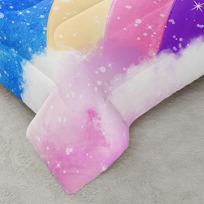 3 Piece Rainbow King Size Comforter Set for Teen Girls Adults,Stars Soft Bedding Sets All Season,Blue Space Quilt Set Season Alternative Down Bedding with 2 Pillowcase,104x91 Inches